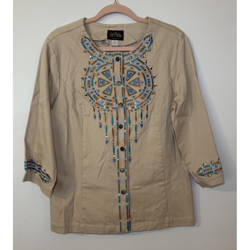 Bob Mackie Wearable Art Jacket Large Khaki Embroidery Western Native Aztec